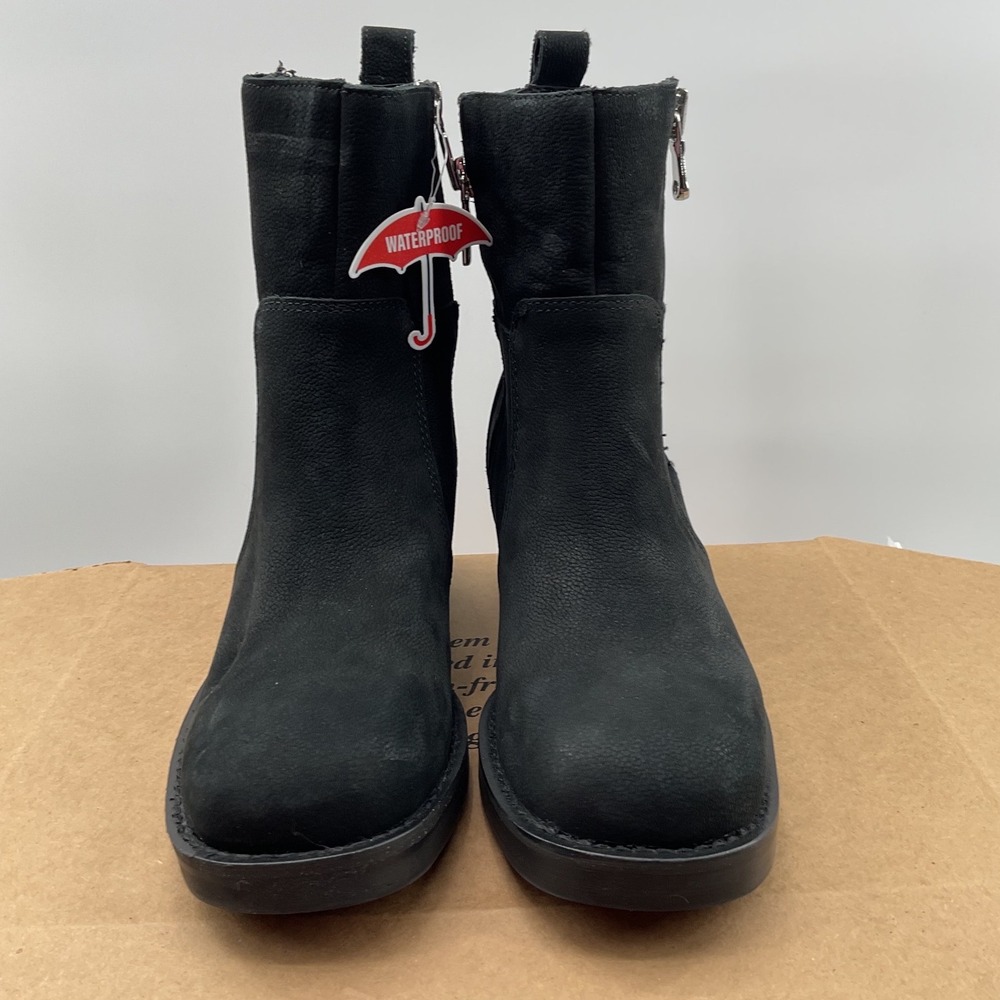 Blonde Waterproof Black Leather Square Toe Ankle Boots Block Heel Side Zip  7